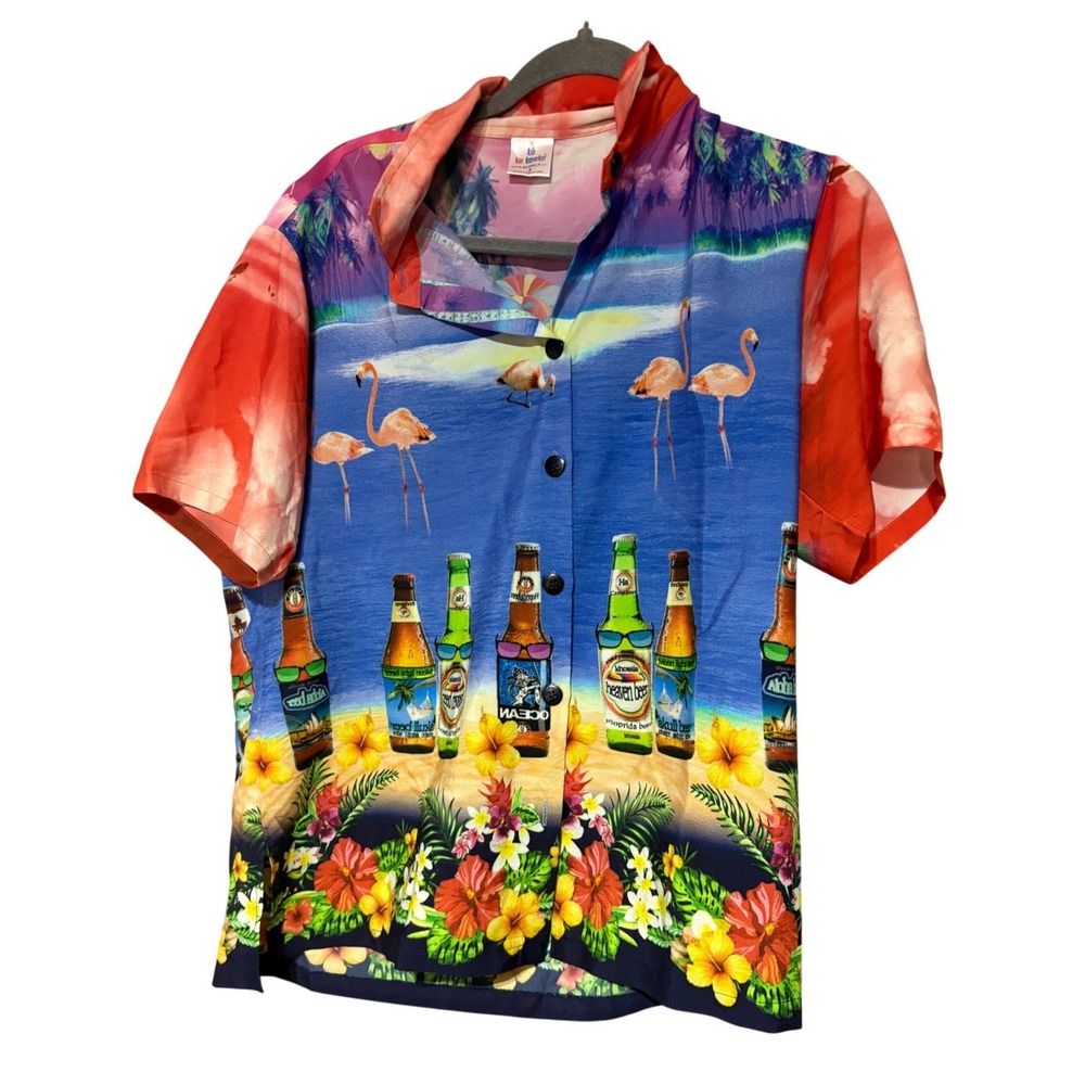 La Leela Button Down Men S Hawaiian Camp Beer Flamingo Tropical Multicolor